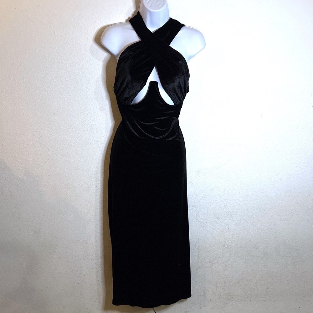 PrettyLittleThing Velvet Midi Dress 16 Black Cutout Vampy Whimsy Dark Romantic
